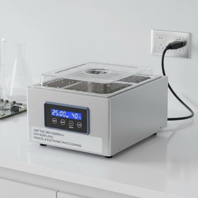 ขนาดของหน่วย 280x180x200mm เครื่องทําความสะอาด Ultrasonic บนโต๊ะ อุปกรณ์ระดับเสียงต่ําสําหรับการทําความสะอาดชิ้นส่วนทางการแพทย์และอิเล็กทรอนิกส์