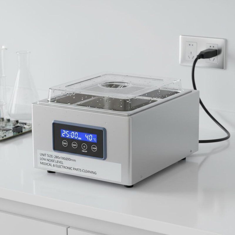 ขนาดของหน่วย 280x180x200mm เครื่องทําความสะอาด Ultrasonic บนโต๊ะ อุปกรณ์ระดับเสียงต่ําสําหรับการทําความสะอาดชิ้นส่วนทางการแพทย์และอิเล็กทรอนิกส์